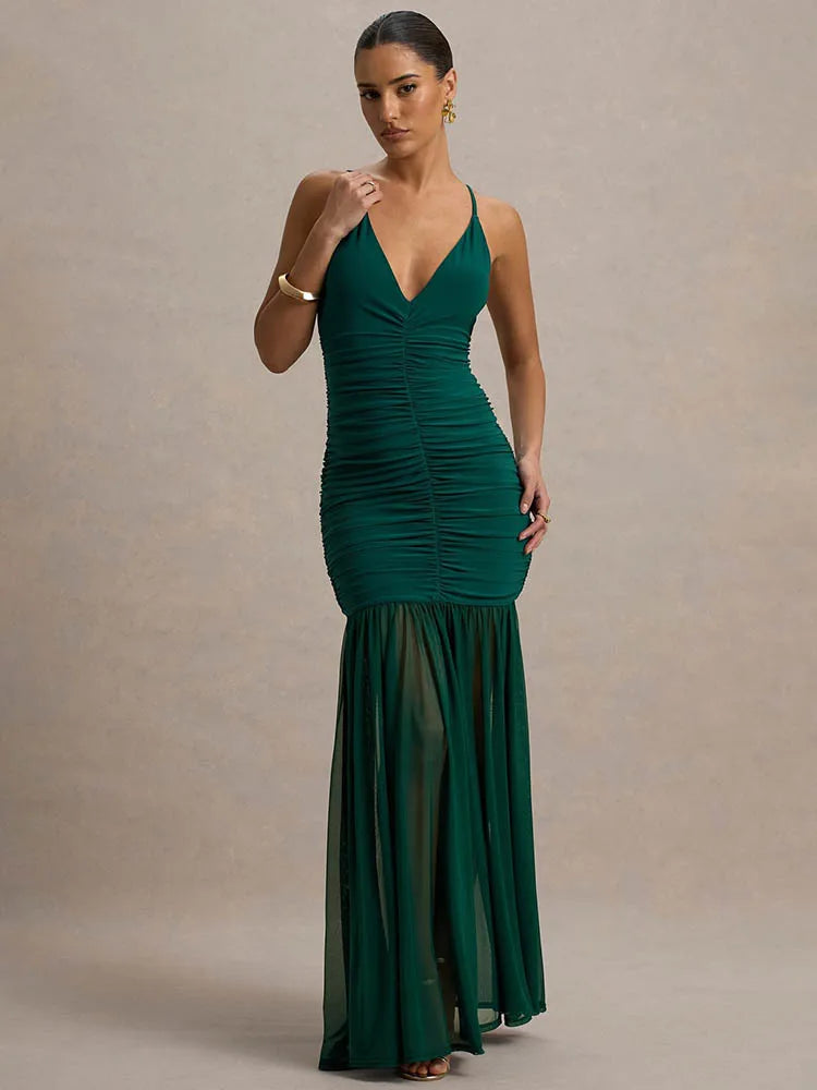 Spaghetti Strap Backless Sexy Maxi Dress Women Gown Fashion Patchwork Off-shoulder V Neck Ruched Pleated Party Dress