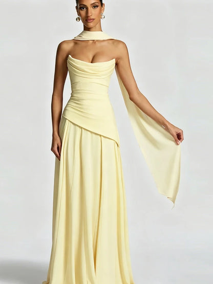 Fashion Elegant Solid Scarf+Maxi Dress Women Low-Neck Folds Sleeveless Skinny Wedding Party Vacation Matching Summer Suit