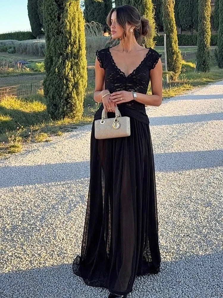 Patchwork Jacquard Mesh Maxi Dress Women v-Neck Folds Sleeveless Skinny Elegant Wedding Party Chic Vacation Vestidos