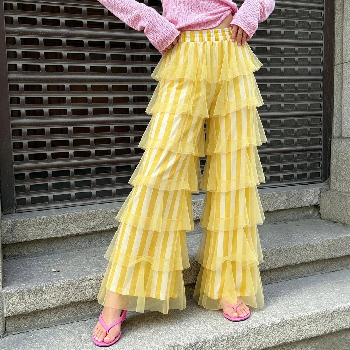 Women Striped Tiered Mesh Flare Pants High Waist Multi Layer Ruffle Tulle Wide Leg Bell Bottom Retro Streetwear Trousers