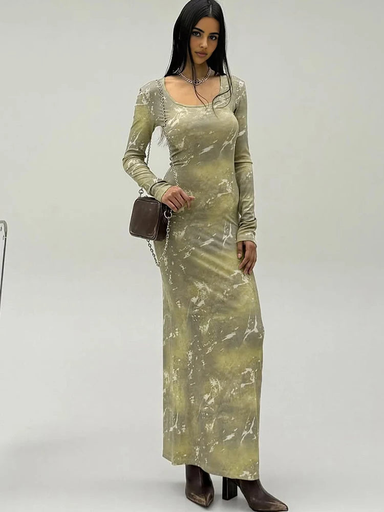 Tie Dye Elegant Maxi Dress Women U-Neck Long Sleeve Sexy Autumn Trend Simple Evening Stretchy Skinny Clubwear Bodycon