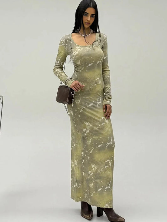 Tie Dye Elegant Maxi Dress Women U-Neck Long Sleeve Sexy Autumn Trend Simple Evening Stretchy Skinny Clubwear Bodycon