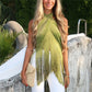 Sexy Fringe Halter Top/Wrap Skirt 2-in-1 Convertible Cover-Up Women Two Ways To Wear For Summer Beach Party Clubwear