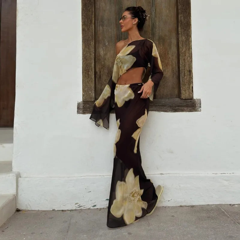 Yellow Floral Dress Suit Elegant Sheer 2 Pieces Set for Woman One Shoulder Top Maxi Skirt Vacation Outfit