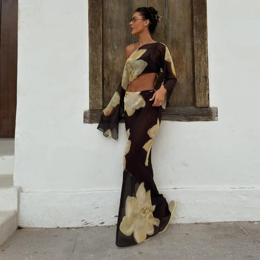 Yellow Floral Dress Suit Elegant Sheer 2 Pieces Set for Woman One Shoulder Top Maxi Skirt Vacation Outfit