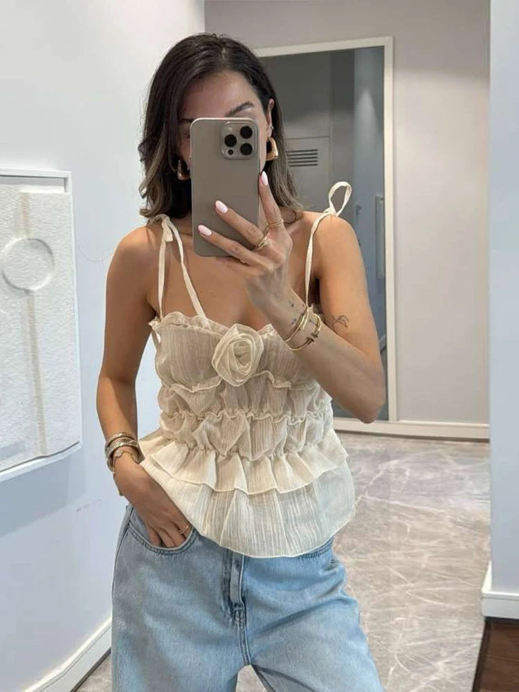 Sexy See Through Camisole Women Summer Trend 3d Flower Decoration Backless Ruffles Hem Street Y2K Style Elegant Tops