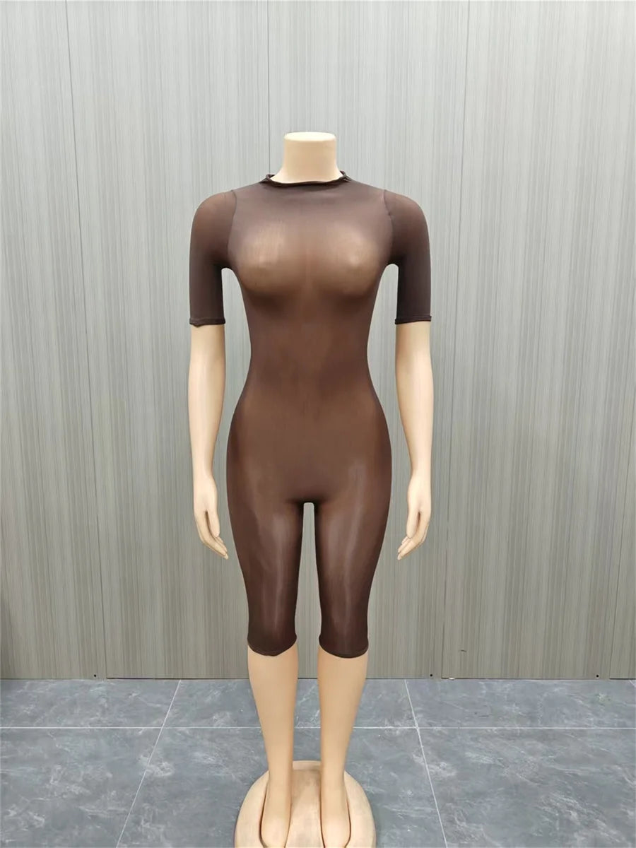 See Through Romper Women Sexy Fashion Half Sleeve Turtleneck Simple Hottie Chic Trend Midnight Street Club Playsuits