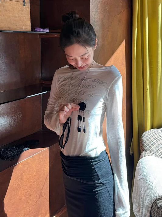 Simple T-Shirts Women Basic See Through Letter Print Long Sleeve Neck Skinny Autumn Trend Street Classic Casual Tees