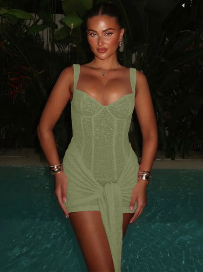 Summer Elegant Dress Women Y2K Chic Low-Neck Jacquard Wrapped Ribbon Bandage Birthday Party Clubwear Midnight Bodycon