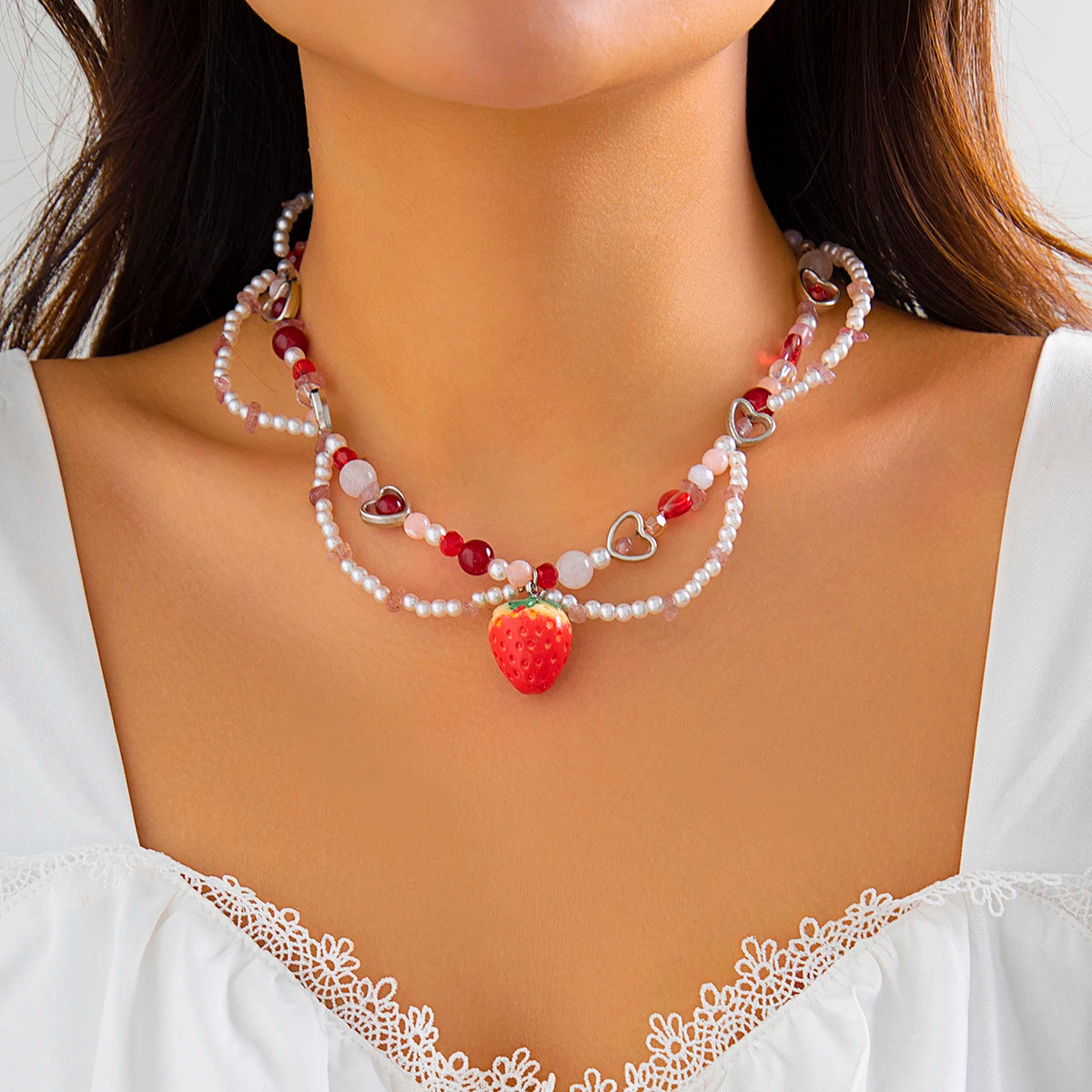 Kpop Sweet Imitation-Pearl Chain Strawberry Pendant Necklace for Women Wed Bridal Love Heart Choker Aesthetic Jewelry