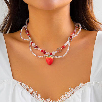 Kpop Sweet Imitation-Pearl Chain Strawberry Pendant Necklace for Women Wed Bridal Love Heart Choker Aesthetic Jewelry