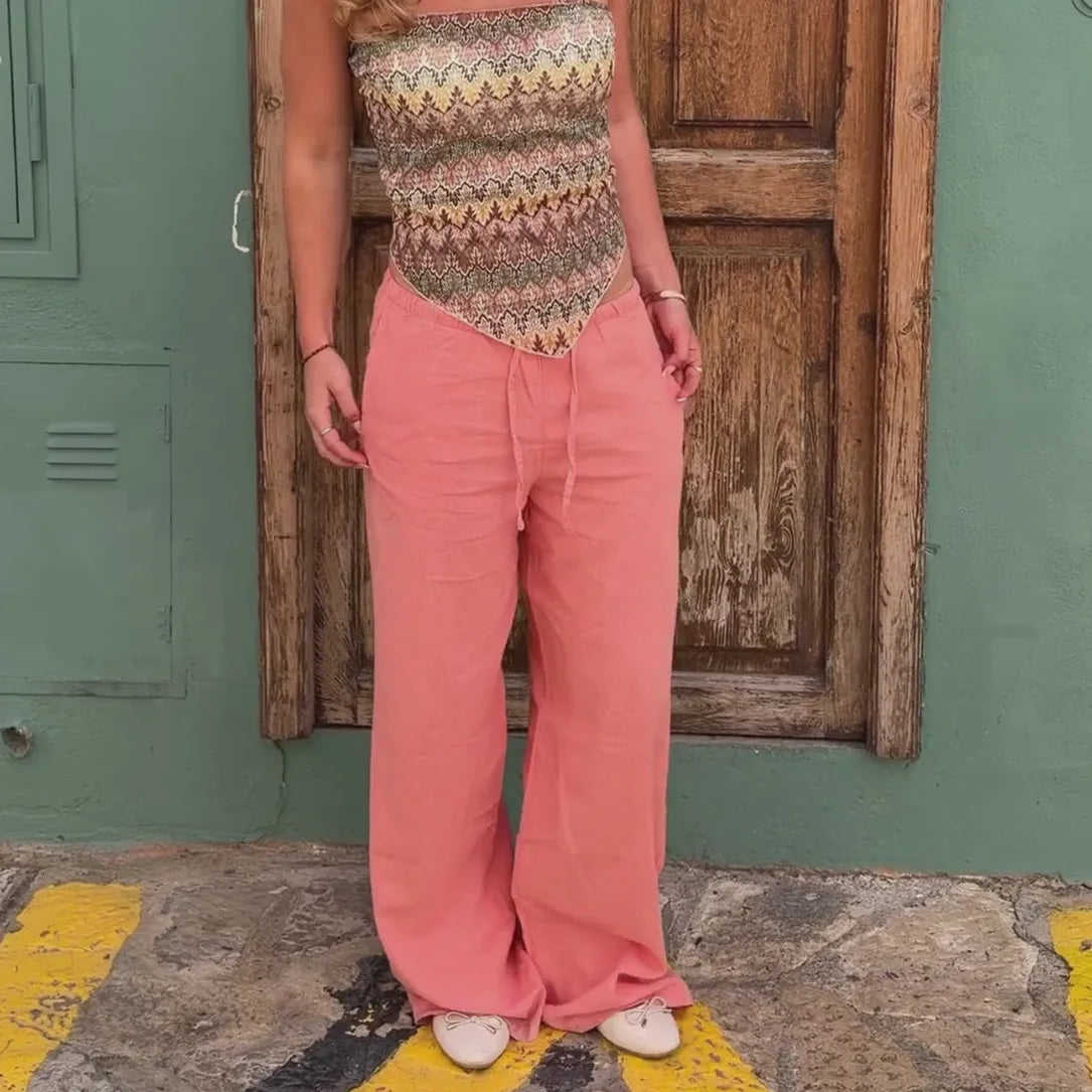 Women Summer Linen Wide Leg Pants Elastic Drawstring Waist Loose Flowy Trouser With Pockets Beach Vacation Palazzo Pants