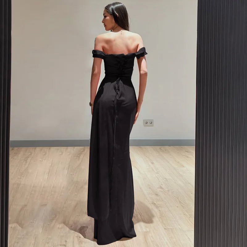 Elegant Satin Off Shoulder Long Maxi Dresses 2025 Woman Graduation Dresses Evening Party Gown Red Black