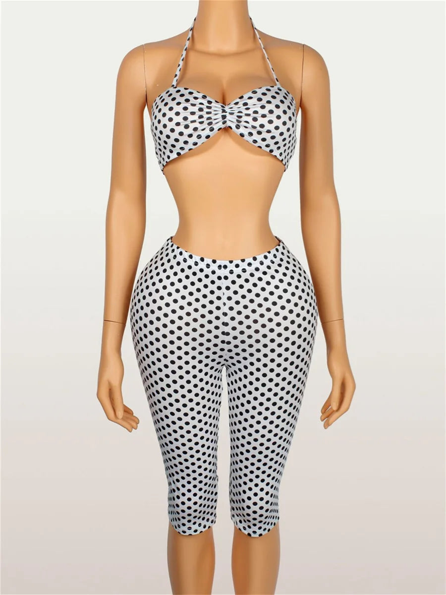 Wild Vacation 2 Piece Set Women Polka Dot Print Halter Tank Tops+Bike Shorts Stretch Matching Street Party Outfits