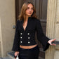 Black Cropped Jacket Double-breasted Buttons Flared Sleeves Blazers Coats for Woman Winter 2026