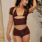 Women Polka Dot 3Piece Outfit Halter Bikini Crop Top Short Sleeve Cover Up+Shorts Sexy Club Party Night Out Matching Set