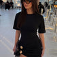 Women Black Short Sleeve Bodycon Mini Dress Elegant Round Neck Ruched Waist With Gold Button Detail Party Club Dress