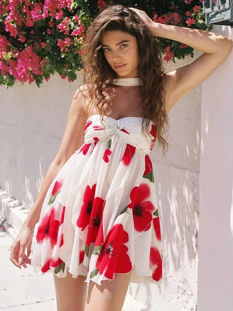 Metal Starfish Dress Women Chest Wrap Halter Low-Neck Irregular Ruffles Hem Backless Sleeveless Vacation Mini Bodycon