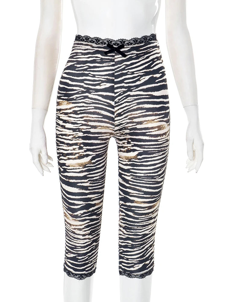 Lace Edge Patchwork Crop Pants Women Leopard Print Skinny Peach Hip Hot Girls Street Hipster Sexy Wild Trend Bottoms