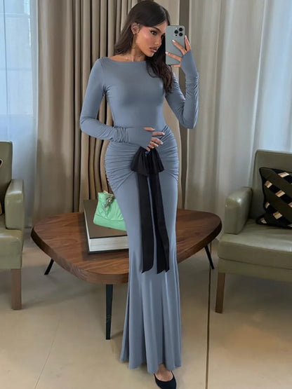 Long Sleeve Ruched Bow Sexy Maxi Dress For Women Autumn Fashion Patchwork O Neck Bodycon Club Party Long Dresses Female