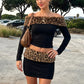 Leopard Print Plush Patchwork 2-Piece Set Women Slash Neck Full Sleeve Crop Tops+Elastic Waist Skirt Sexy Autumn Suit