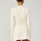 Women Deep V Neck Long Sleeve Sexy Mini Dress Pleated Shoulder Ruched Waist Bodycon Dress Elegant Club Party Dresses