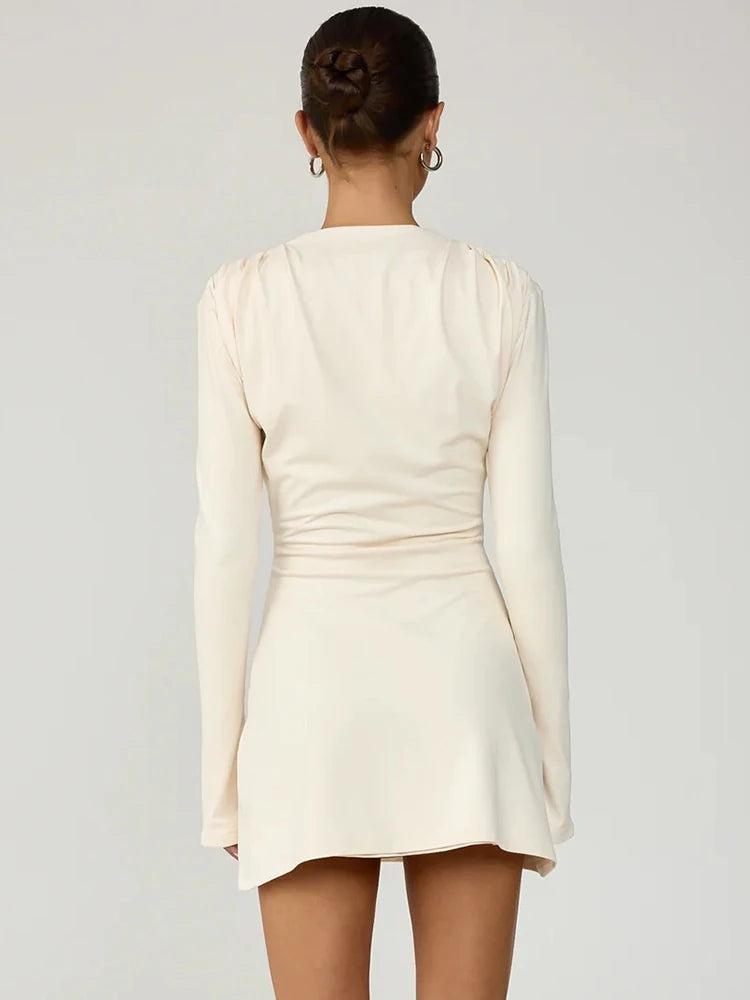 Women Deep V Neck Long Sleeve Sexy Mini Dress Pleated Shoulder Ruched Waist Bodycon Dress Elegant Club Party Dresses