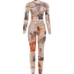 Colorful Print 2-Piece Set Women o-Neck Full Sleeve Crop Top+Elastic Waist Simple Pant See Through Sexy Street Suit