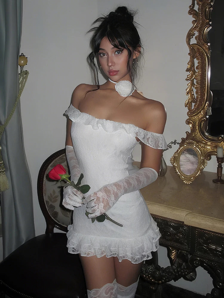 Party Dress Women Jacquard Ruffle Slash Neck Tierred Peach Hip Vestido+Long Gloves Christmas Birthday Sexy Slim Clubwear