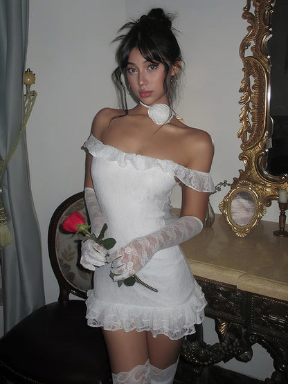 Party Dress Women Jacquard Ruffle Slash Neck Tierred Peach Hip Vestido+Long Gloves Christmas Birthday Sexy Slim Clubwear