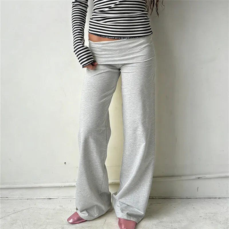 Women Wide Leg Pants Solid Fold Over Waist Casual Trousers Spring Fall Straight Leg Sweatpants Bottoms Y2K Streetwear