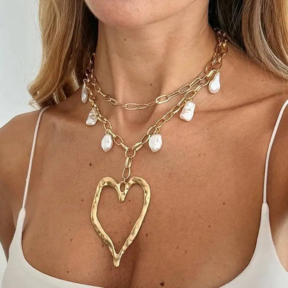 Vintage Large Heart Pendant Choker Necklace for Women, Trendy Boho Imitation Pearl Chain, Wedding Neck Jewelry, New, 2Pcs Set
