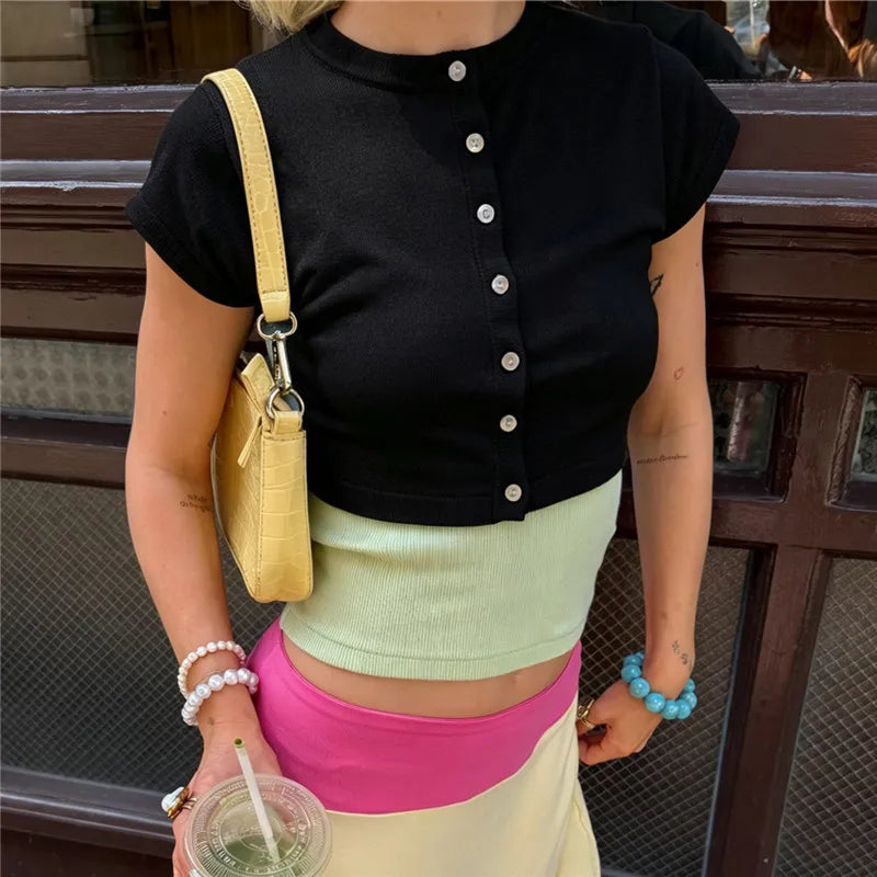 Women Cropped Knit Cardigan Short Sleeve Button Down Round Neck Slim Fit Lightweight Summer Knitwear Daily Wear Cardigan