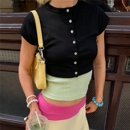 Women Cropped Knit Cardigan Short Sleeve Button Down Round Neck Slim Fit Lightweight Summer Knitwear Daily Wear Cardigan