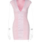 Women Deep V Neck Cap Sleeve Bodycon Sexy Mini Dress Elegant Pink Patchwork Ruched Short Dress Nightclub Party Outfit
