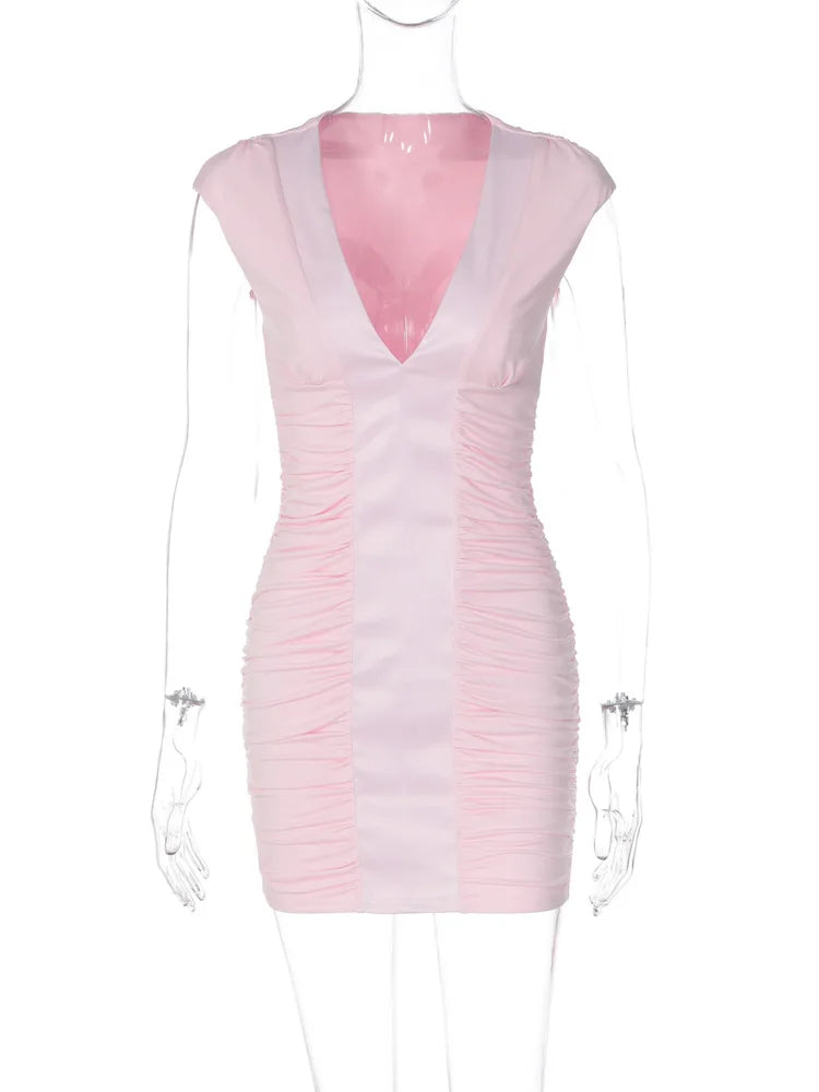 Women Deep V Neck Cap Sleeve Bodycon Sexy Mini Dress Elegant Pink Patchwork Ruched Short Dress Nightclub Party Outfit
