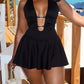 Fashion Heart Metal Trim Faux Leather Mini Dress Woman Lace-Up Halter Deep V-Neck Backless Hot Girls Street Sexy Bodycon