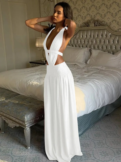 Halter Deep V Neck Backless Sexy Maxi Dress Women Elegant Off-shoulder Sleeveless Bodycon Club Party Long Dress Female