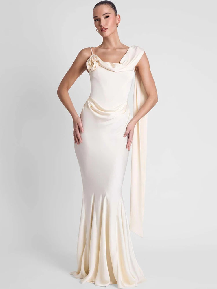 Satin Backless Sexy Maxi Dress Women Elegant One Spaghetti Strap Sleeveless Ruched Waist Club Party Mermaid Long Dress