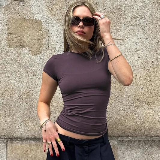 Crew Neck Short Sleeve Crop Tops Solid Color Basic Tight Fitted T Shirts Summer Clothes Woman