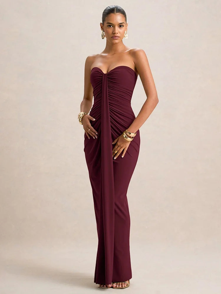 Strapless Ruched Long Maxi Dress for Woman Elegant Sexy Solid Evening Party Dresses Autumn 2025