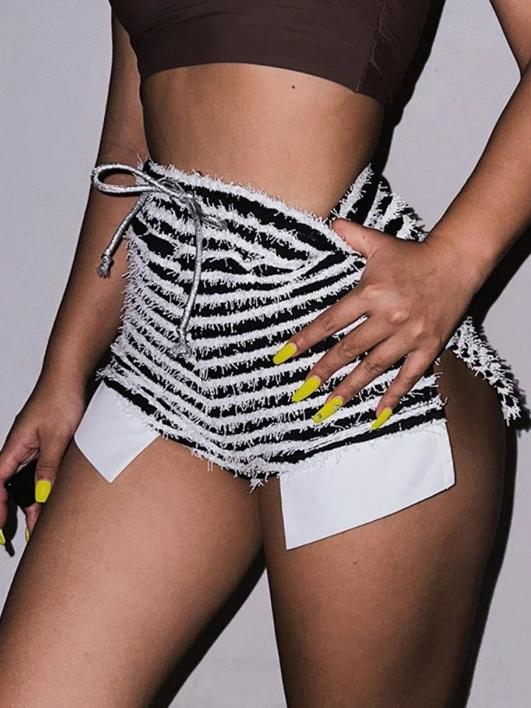 Black and White Striped Knitted Drawstring Slit Booty Shorts Streetwear Baddie Clothes Hot Pants Sexy Clubwear