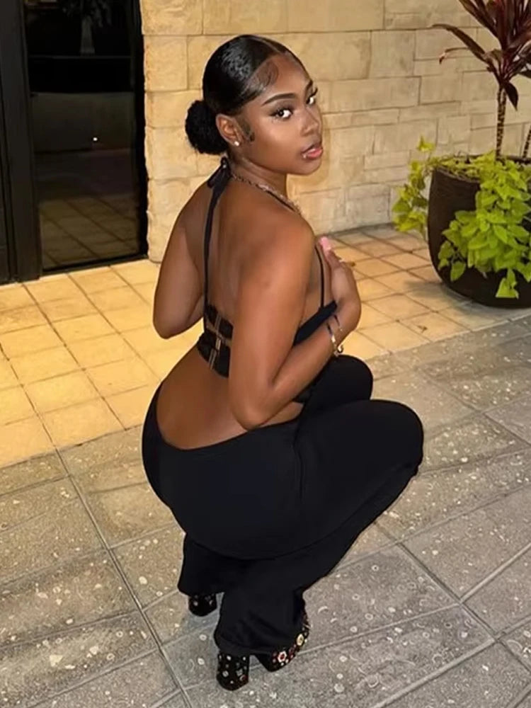 Hollow Cross Halter Jumpsuit Backless Sleeveless Square Metal Rings Peach Buttocks Midnight Sexy Workout Overalls