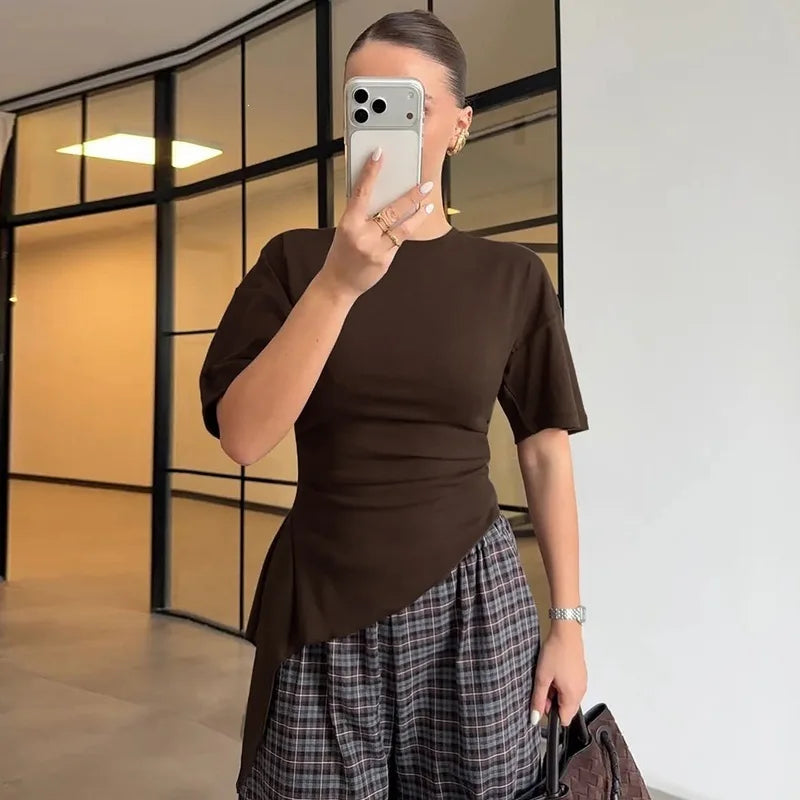 Crew Neck Short Sleeve Asymmetrical Tops Summer 2026 Fashion Tshirt Woman Clothes