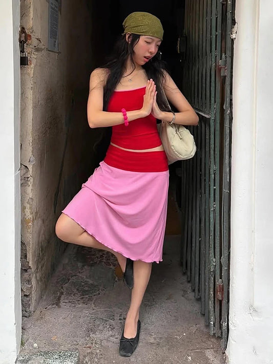 Summer Vacation Color Blocking 2-Piece Set Women Low-Neck Skinny Camisole+Patchwork Elastic Waist Skirt Street Streetwear