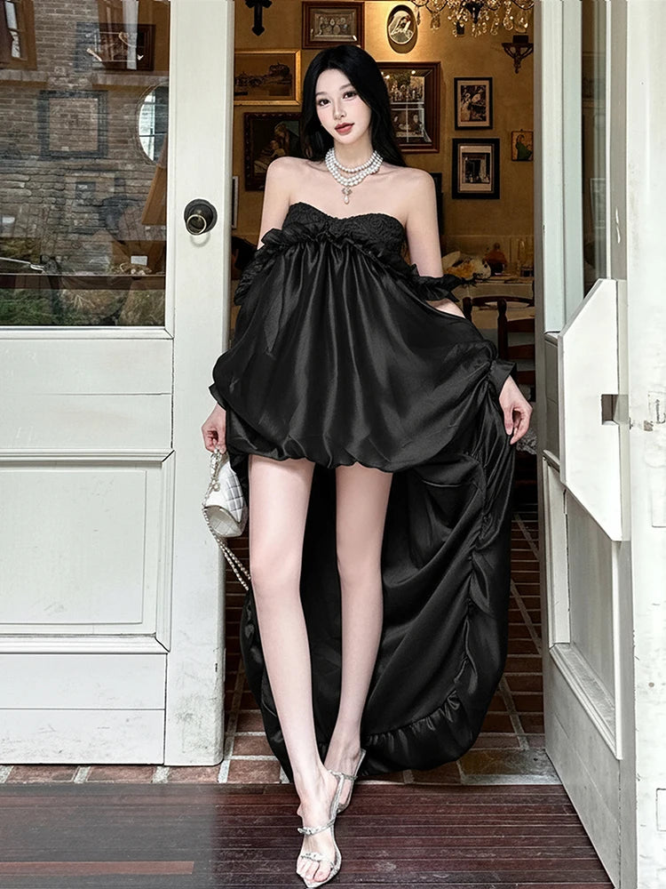 See Through Irregular Large Hem Women Edible Tree Fungus One Shoulder Patchwork Lace Sweet French Style Chic Vestidos