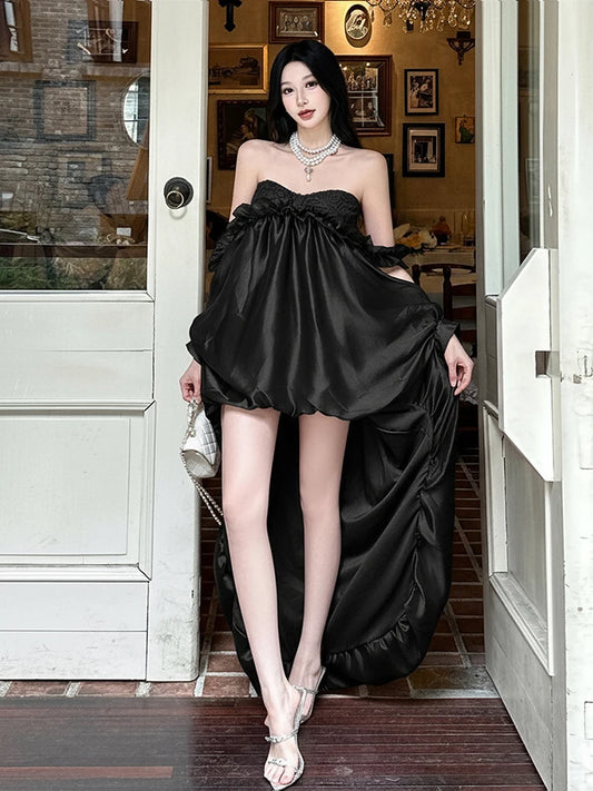 See Through Irregular Large Hem Women Edible Tree Fungus One Shoulder Patchwork Lace Sweet French Style Chic Vestidos