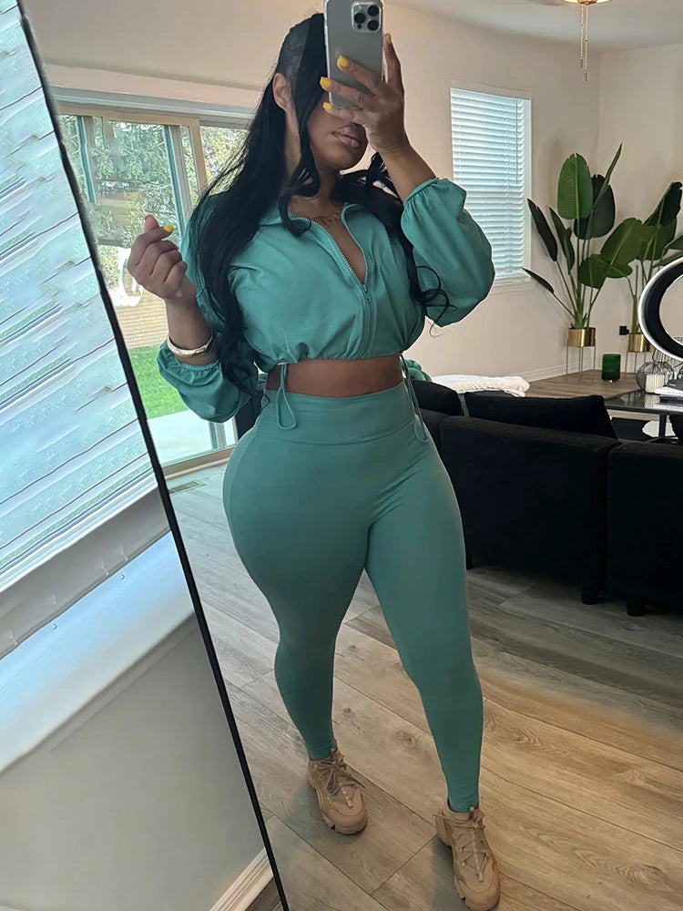 Basic Women 2 Piece Set Classic Solid Long Sleeve Drawstring Zip-up Coats+Slim Pants Female Autumn Casual Sporty Outfits