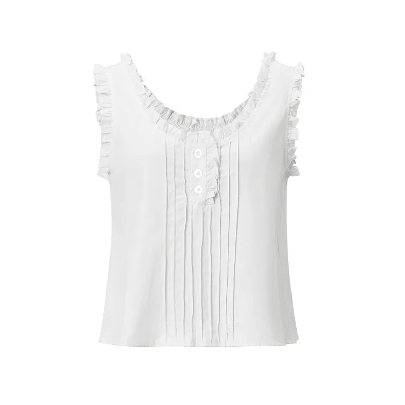 Women Ruffle Trim Sleeveless Cropped Tank Top U‑Neck Pleated Half Button Blouse Vintage Summer Casual Daily Vest Tops