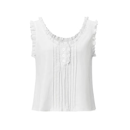 Women Ruffle Trim Sleeveless Cropped Tank Top U‑Neck Pleated Half Button Blouse Vintage Summer Casual Daily Vest Tops
